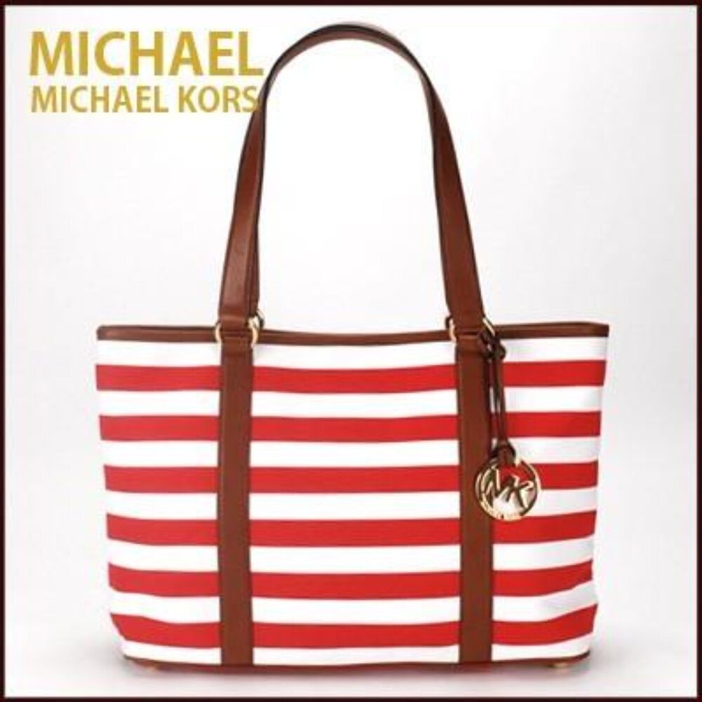 Michael Kors Tri Color Canvas and Leather Striped Tote Nautical